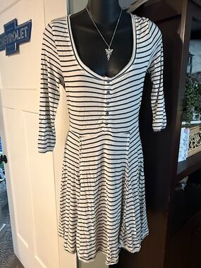 American Eagle Outfitters Black and White Striped Scoop Neck Mini BabyDoll Dress